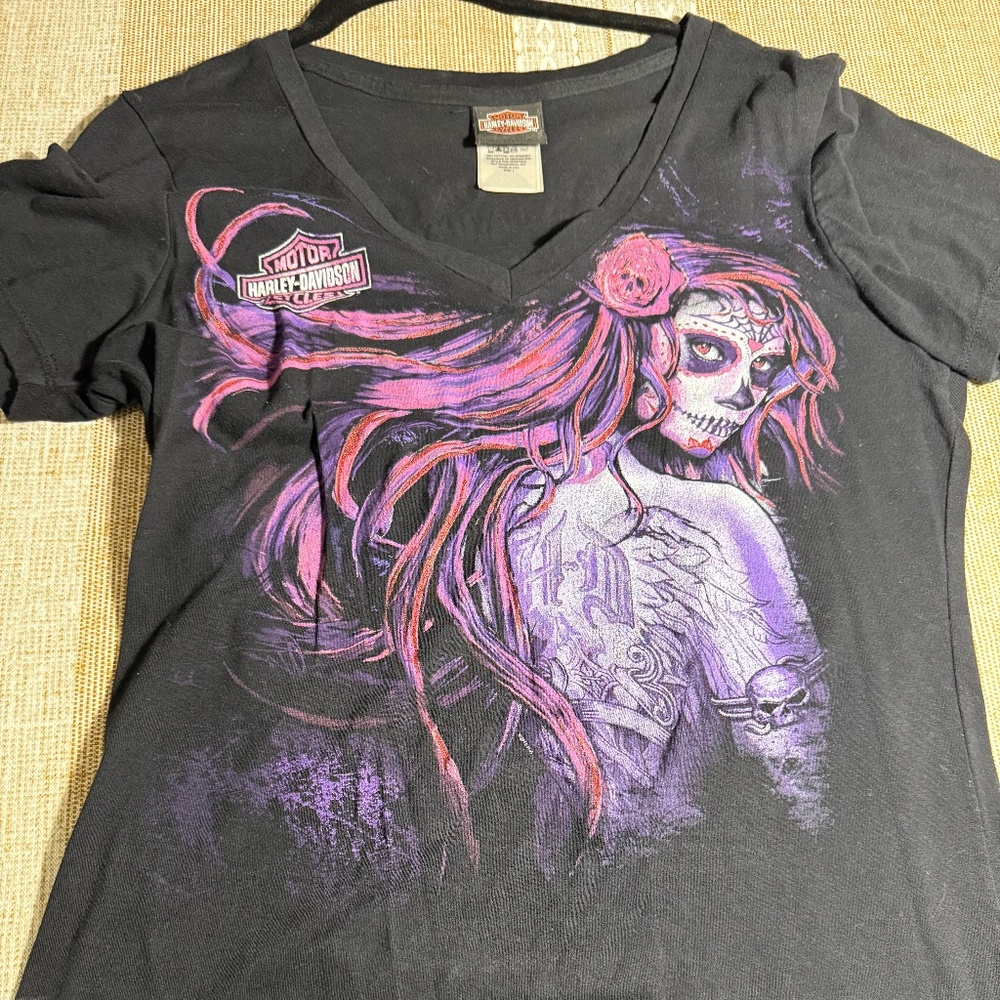 Harley-Davidson Black, Pink & Purple Short Sleeve Top Size L